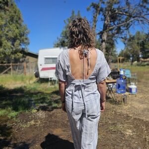 Linen light blue and white stripe full length Jumper, romper.